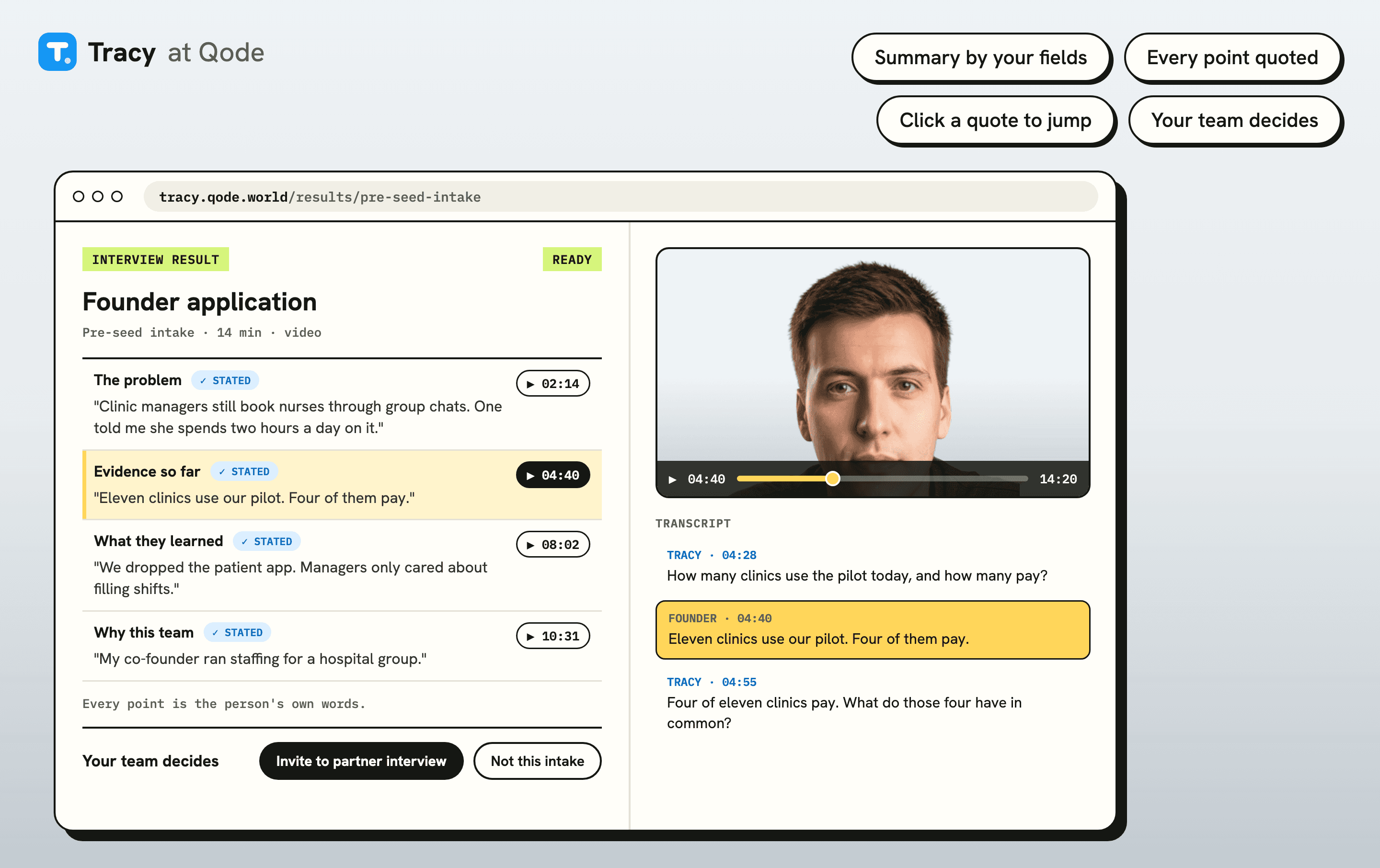 Tracy interview result for a founder application: each answer quoted with a timestamp, the recording and transcript side by side, and buttons for the partners' decision