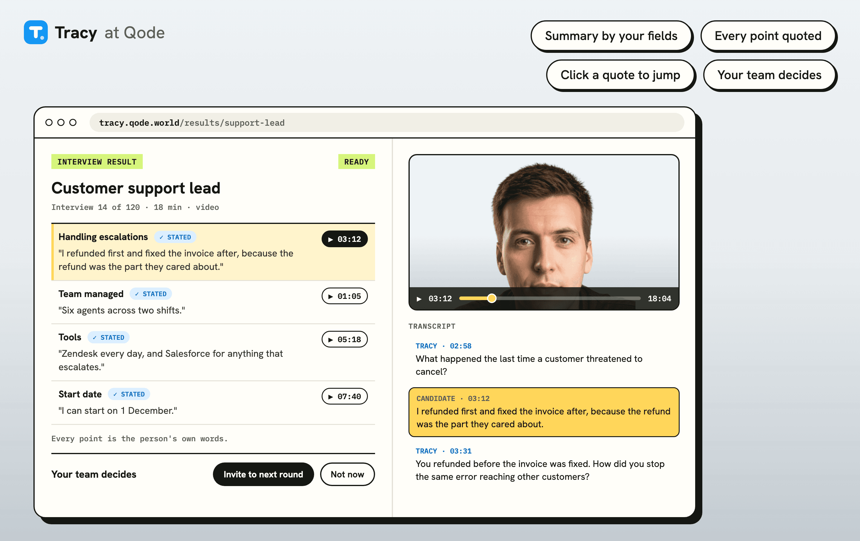 Tracy interview result for a customer support lead: each answer quoted with a timestamp, the recording and transcript side by side, and buttons for the team's decision