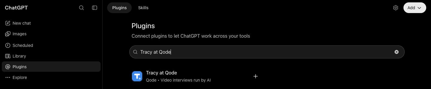 ChatGPT Plugins search results showing Tracy at Qode.