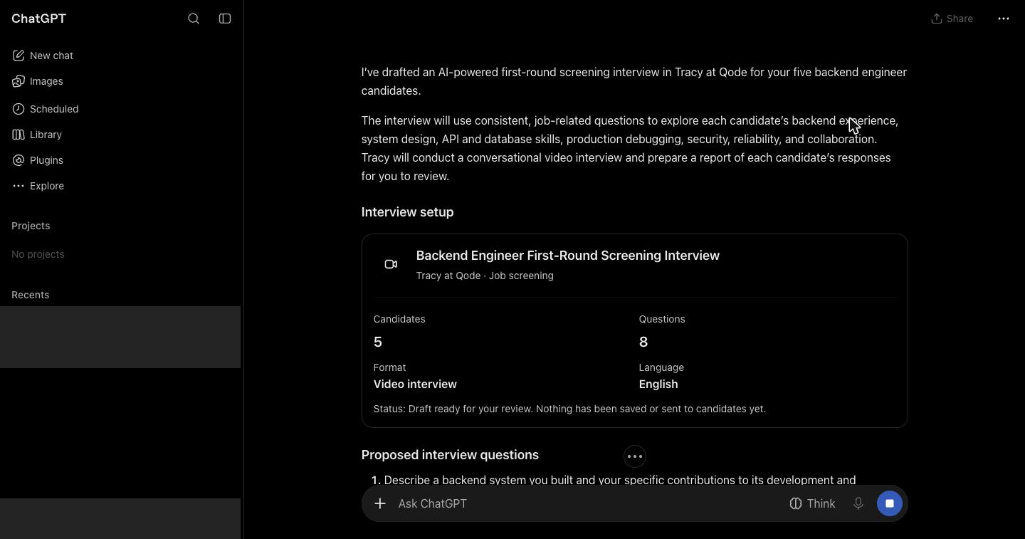 ChatGPT displays an interview draft for review with five candidates, eight questions and draft status; sidebar details are hidden.