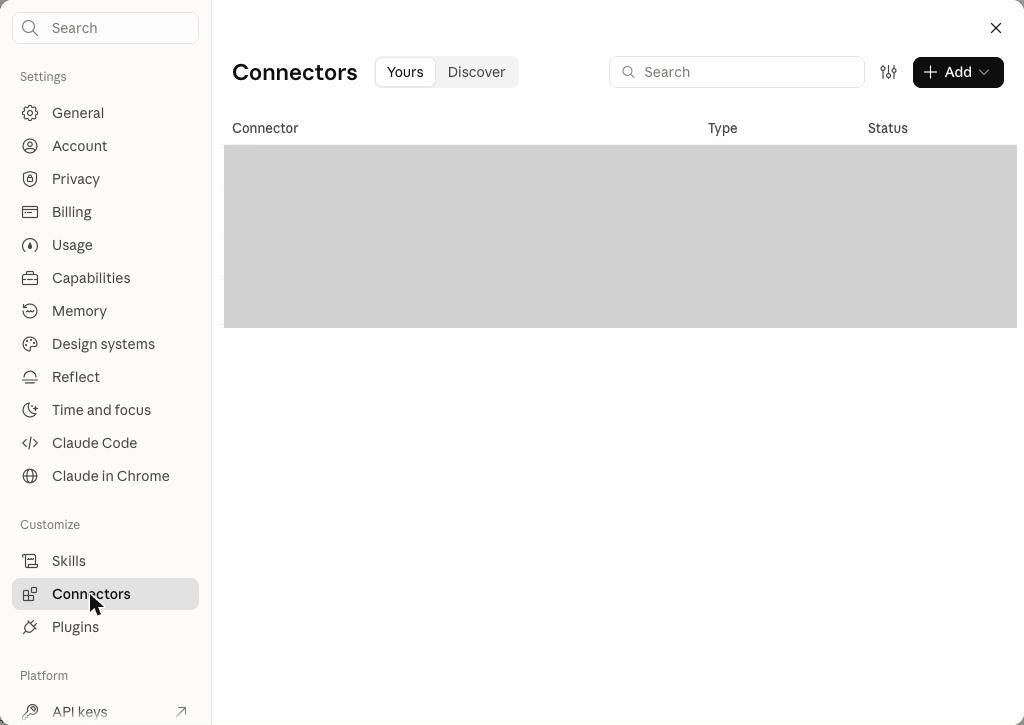 Connectors selected in Claude Settings, with the Add button at the top right; other connectors are hidden.