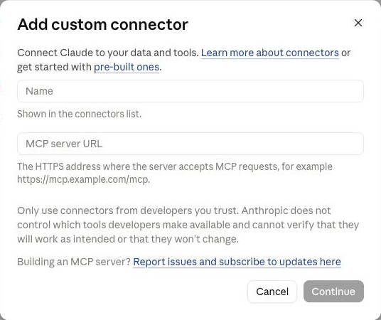 Add custom connector dialog with empty Name and MCP server URL fields.