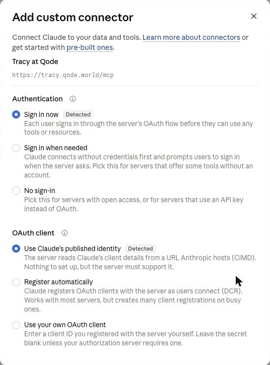 Detected authentication defaults: Sign in now and Use Claude’s published identity selected at the top of the connector dialog.