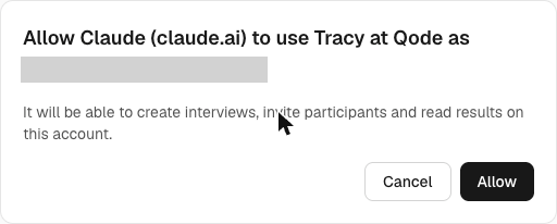 Tracy at Qode consent screen with Allow and Cancel buttons; the account email is hidden.