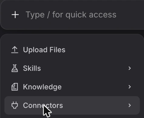 Plus menu in the Mistral chat box with Connectors highlighted.