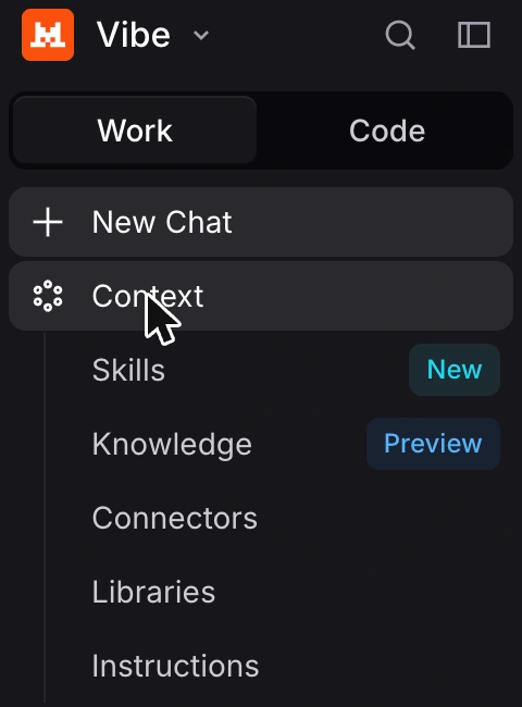 Mistral Vibe sidebar with Context expanded and Connectors below Skills and Knowledge.