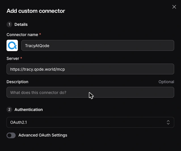 Add custom connector panel with TracyAtQode, the Tracy MCP server address, an optional Description and OAuth2.1 authentication detected.